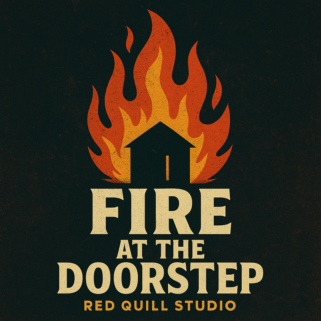 Podcast episode cover showing a dark house silhouette engulfed in stylized flames with the title “Fire at the Doorstep” and “Red Quill Studio” below