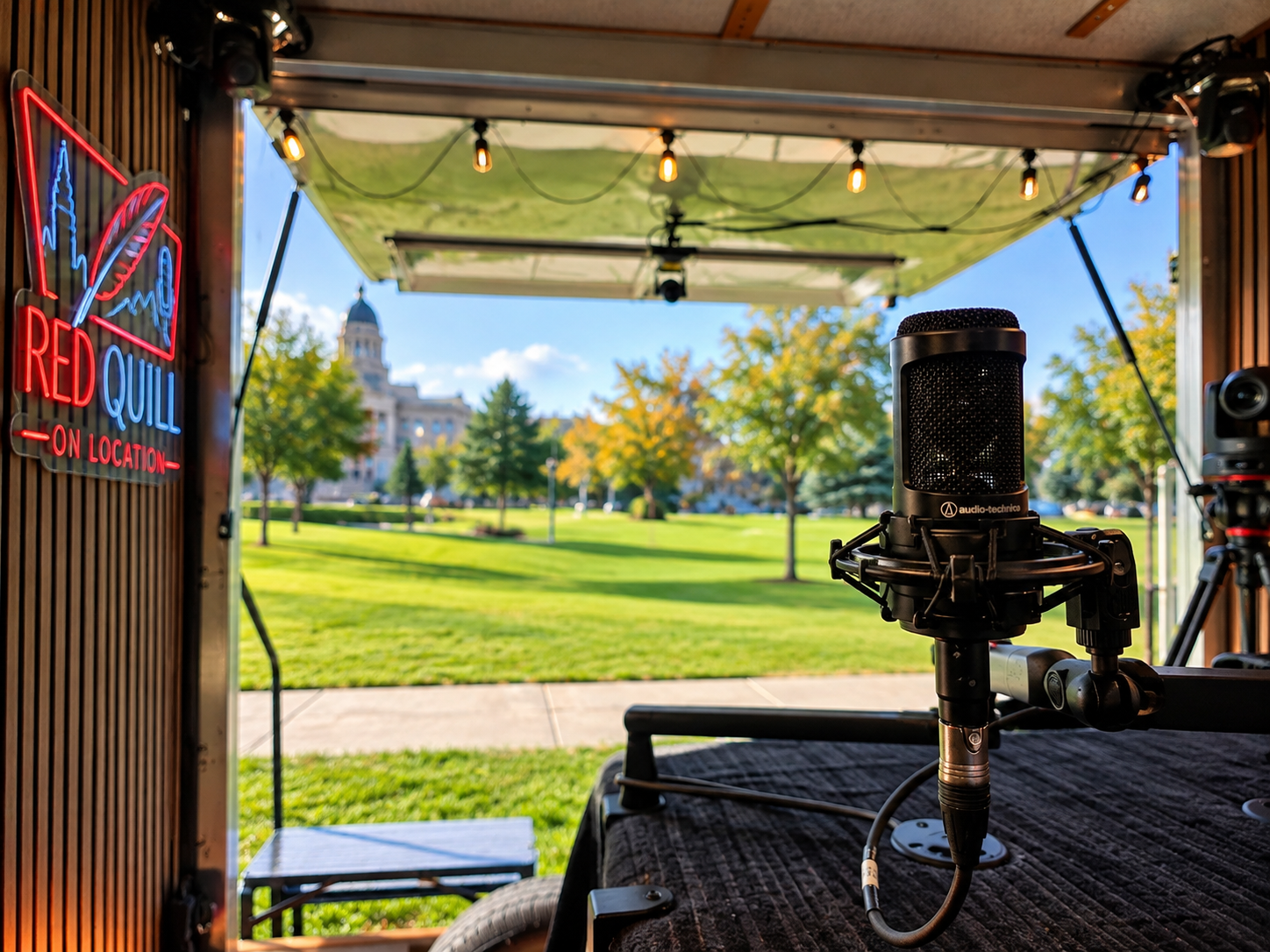 View from inside the trailer toward the Montana Capitol grounds