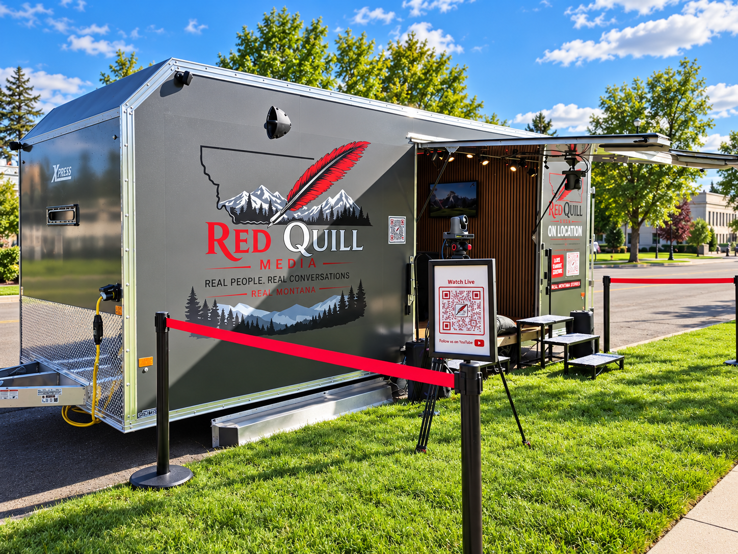 Red Quill On Location trailer, full wrap, doors open