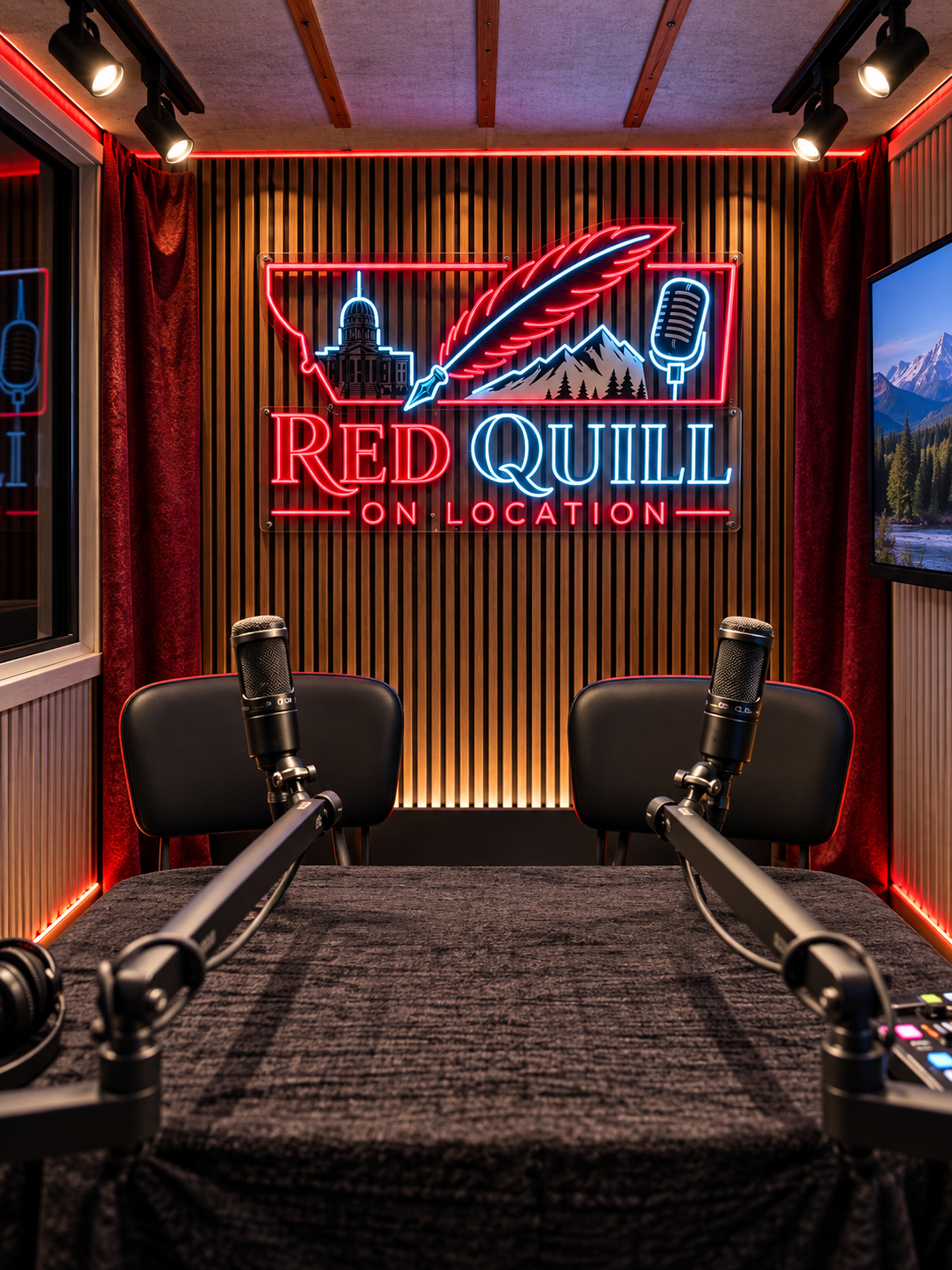 Inside the trailer: branded backdrop, dual mic set, studio lighting